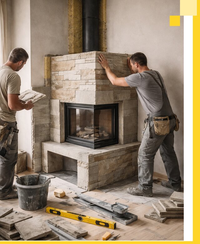 Угловые камины под ключ проект, монтаж и отделка в Октябрьском