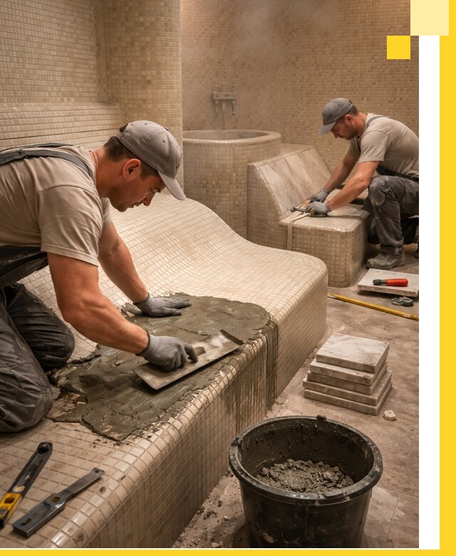 Лежаки для хамама под ключ в Октябрьском, проект и монтаж